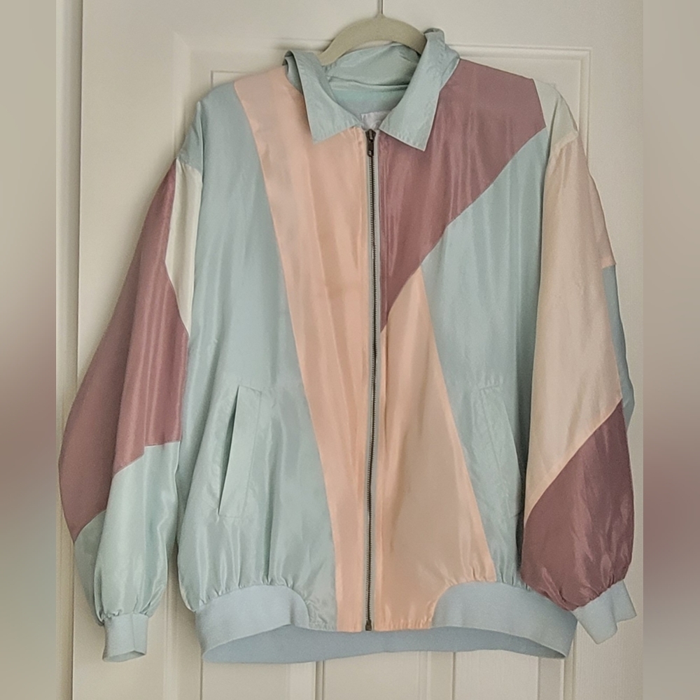 Blair Vintage 80s Patchwork Bomber Jacket. Women's XL. 100% Silk